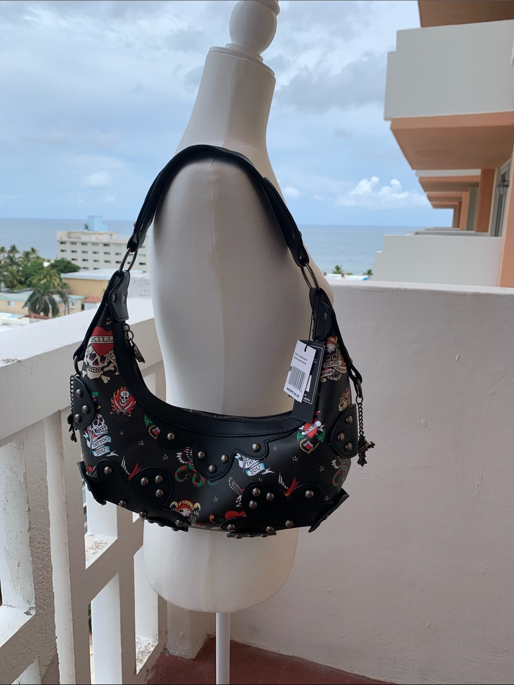 Ed Hardy Black Shoulder Bag with Colorful Tattoo Prints and Studs